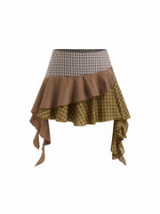 Cotton-blend Tartan Mid Rise Ruffle Hem Layered Mini Skirt