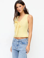 Linen-blend V-neck Bowknot Scalloped Trim Tank Blouse