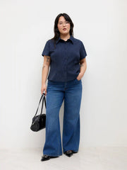 Collar Stripe Short Sleeve Shirt Curve & Plus