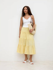 Cotton-blend Mid Rise Stripe Tiered Maxi Skirt