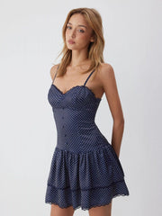 Polka Dot Sweetheart Neck Lace Trim Tiered Ruffled Mini Dress