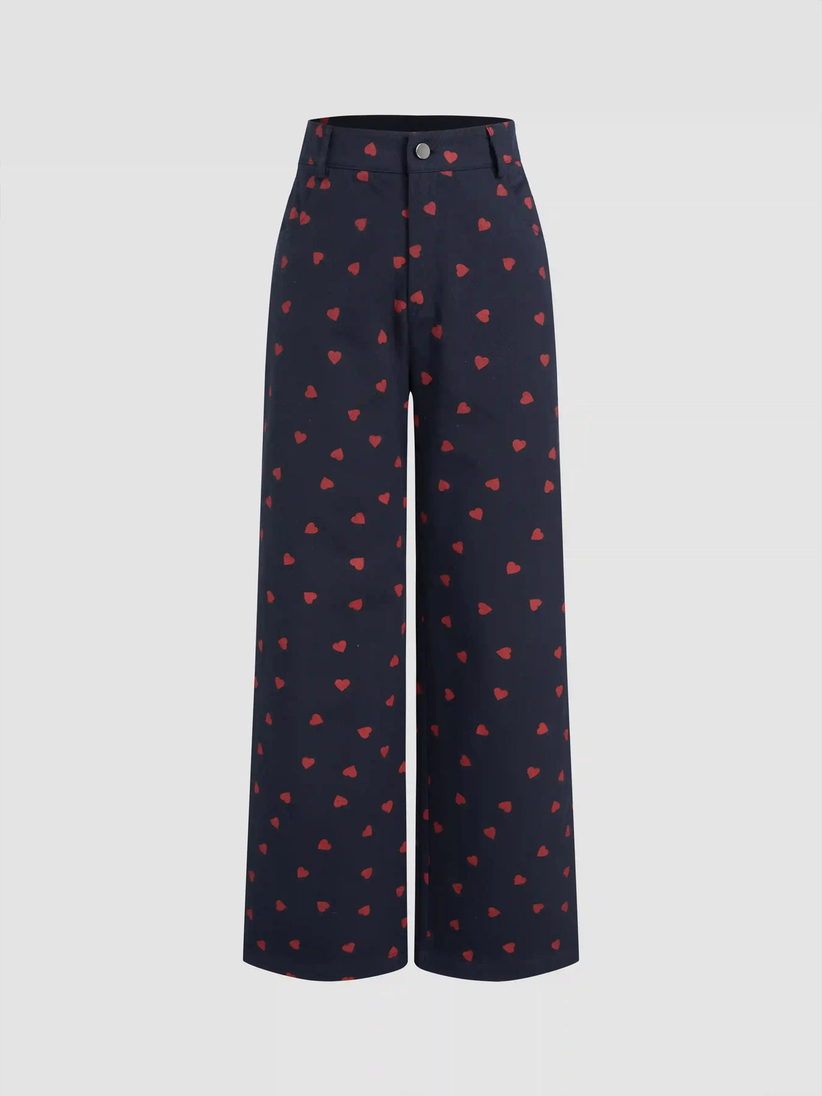 Cotton-blend High Rise Heart Graphic Button Straight Leg Trousers