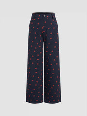 Cotton-blend High Rise Heart Graphic Button Straight Leg Trousers