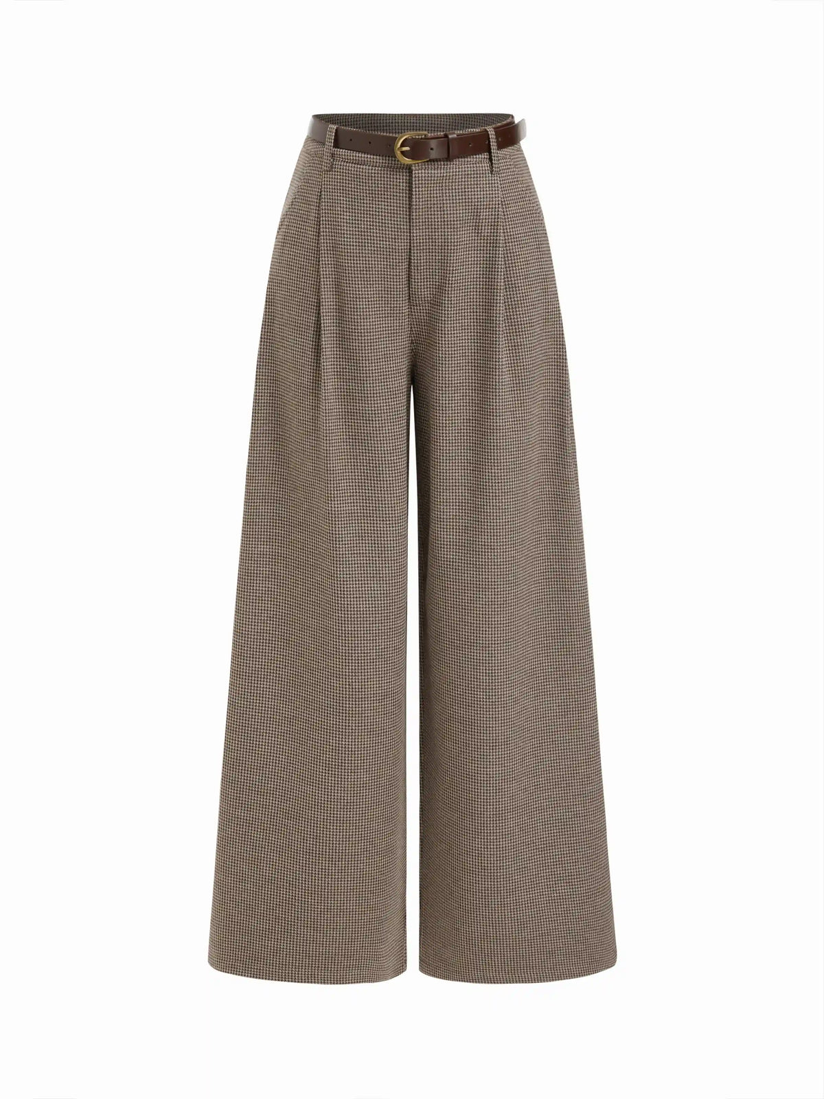 Jacquard Low Rise Houndstooth Pleated Wide Leg Trousers With Belt