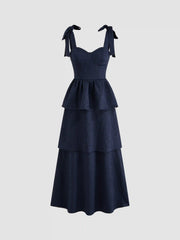 Jacquard Scoop Neckline Solid Bowknot Layered Maxi Dress