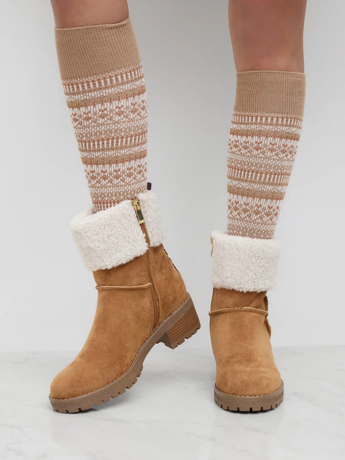 FAUX SUEDE & FUR-LOOK CHUNKY HEEL ANKLE BOOTS