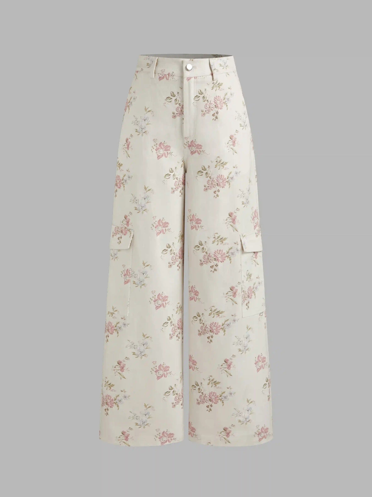 Cotton-blend Mid Rise Floral Cargo Wide Leg Pants