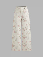 Cotton-blend Mid Rise Floral Cargo Wide Leg Pants