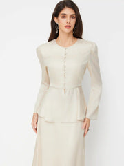 Round Neckline Tie Back Peplum Top & Mid Rise Maxi Skirt Set