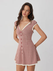 Gingham V-neck Short Sleeve Ruched Lace Trim A-line Mini Dress