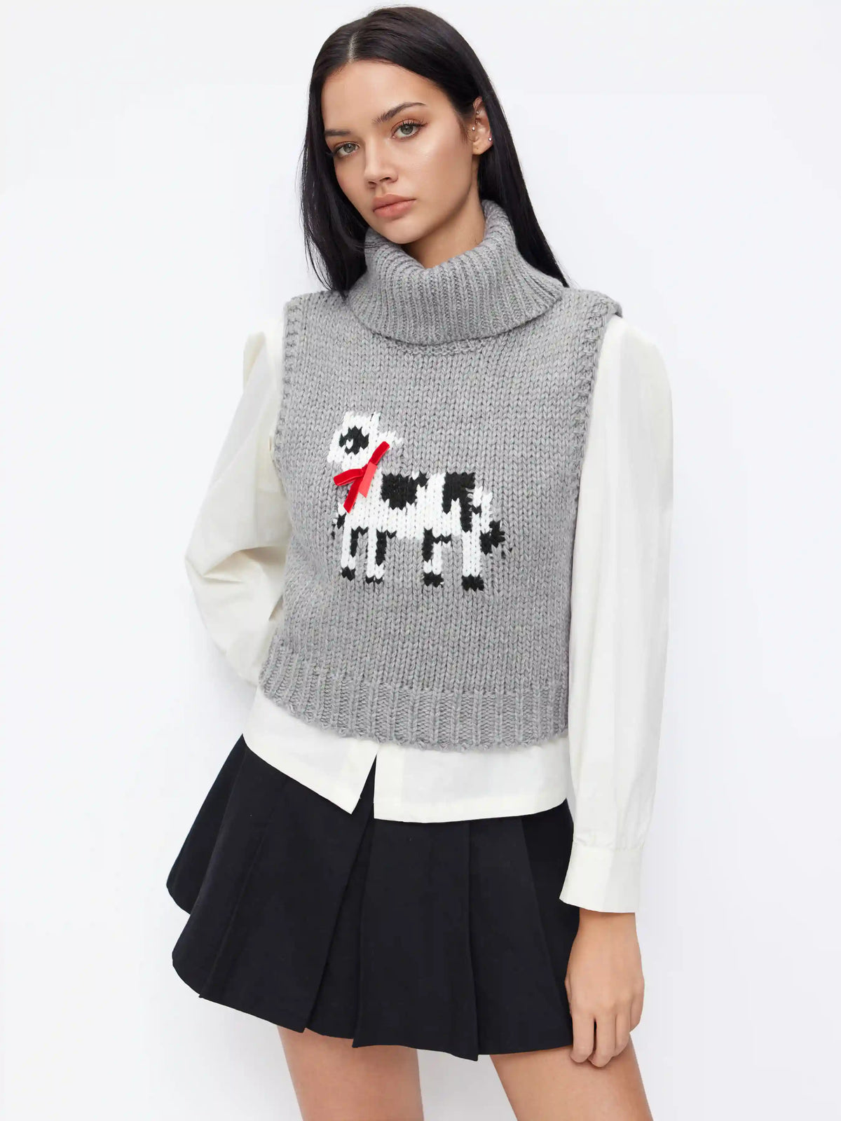 Top de tirantes de cuello tortuga con dibujo de vaca, de mezcla de lana y punto