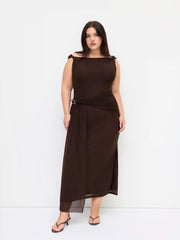 Asymmetrical Neck Ruched Metal Detail Draped Maxi Dress Curve & Plus