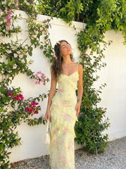 Lace V-neck Floral Ruffle Maxi Dress