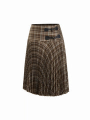 Low Rise Plaid Pleated Toggle Button Midi Skirt