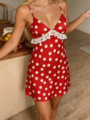 V-neck Polka Dot Lace Trim Bow Decor Mini Nightdress With Removable Padding
