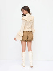 Knit Stand Collar Ruffle Hollow Out Long Sleeve Top