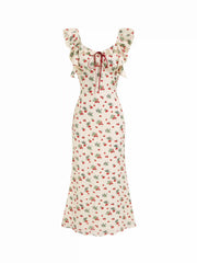 Satin Scoop Neckline Strawberry Bowknot Ruffle Hem Maxi Dress