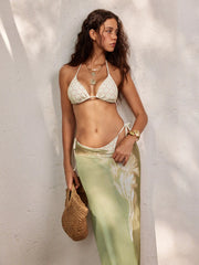 High Stretch Floral Triangle Top & Mid Rise Bikini & Sheer Floral Skirt 3 Piece Bikini Set