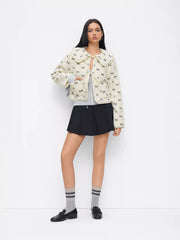 Fleece Peter Pan Collar Bowknot Embroidery Tie Front Oversized Jacket