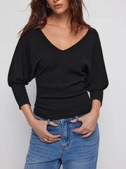 Cotton-blend V-neck Middle Lantern Sleeve Top