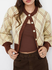 Knit Plaid Colorblock Round Neckline Lantern Sleeve Button Cardigan