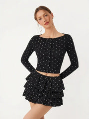 Cotton-blend Polka Dot Boat Neck Long Sleeve Top & Mid Rise Layered Mini Skirt Set