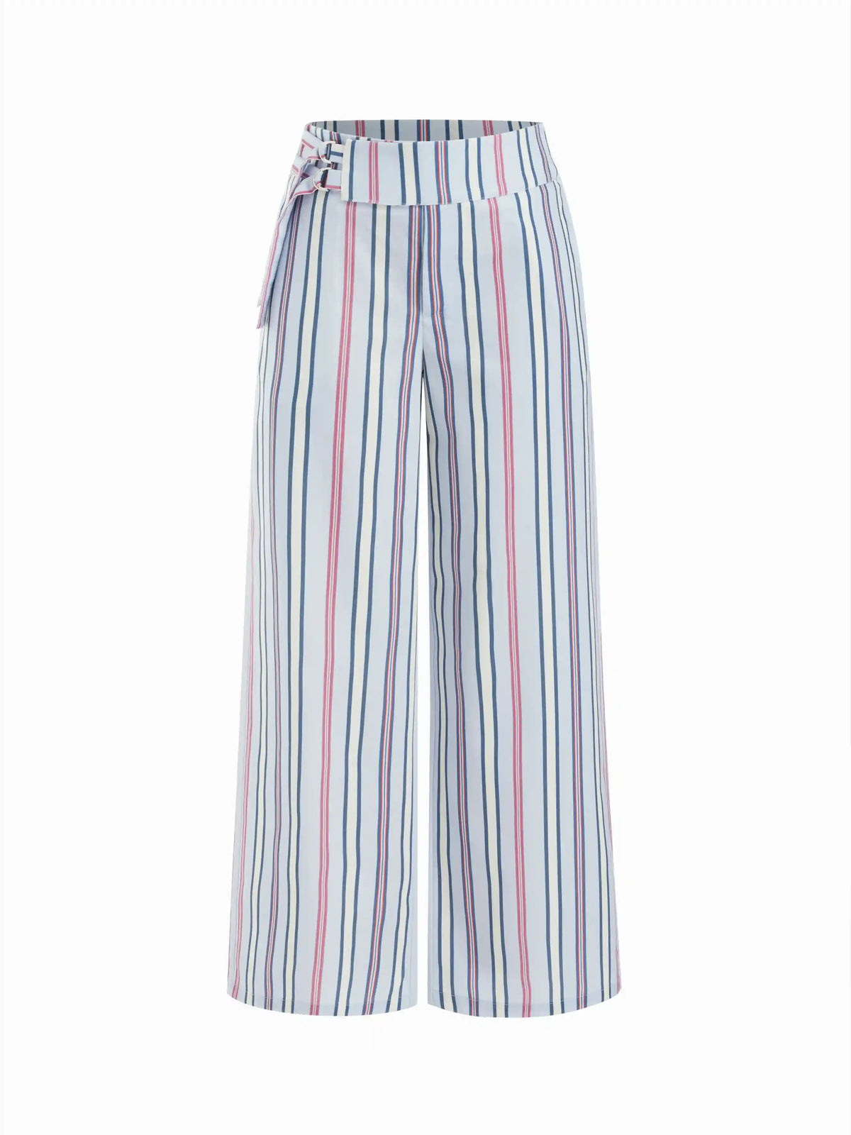 Linen-blend Low Rise Striped Belted Wide Leg Trousers