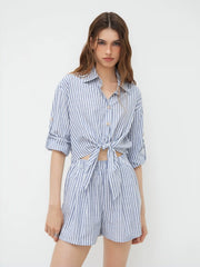 Cotton-blend Polo Neck Stripe Elastic Waist Knotted Romper