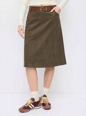 Suede Mid Rise A-line Midi Skirt With Belted