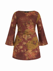 Floral Boat Neck Bell Sleeve Ruched Mini Dress Curve & Plus