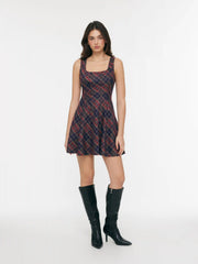 Square Neck Plaid Flared MIni Dress