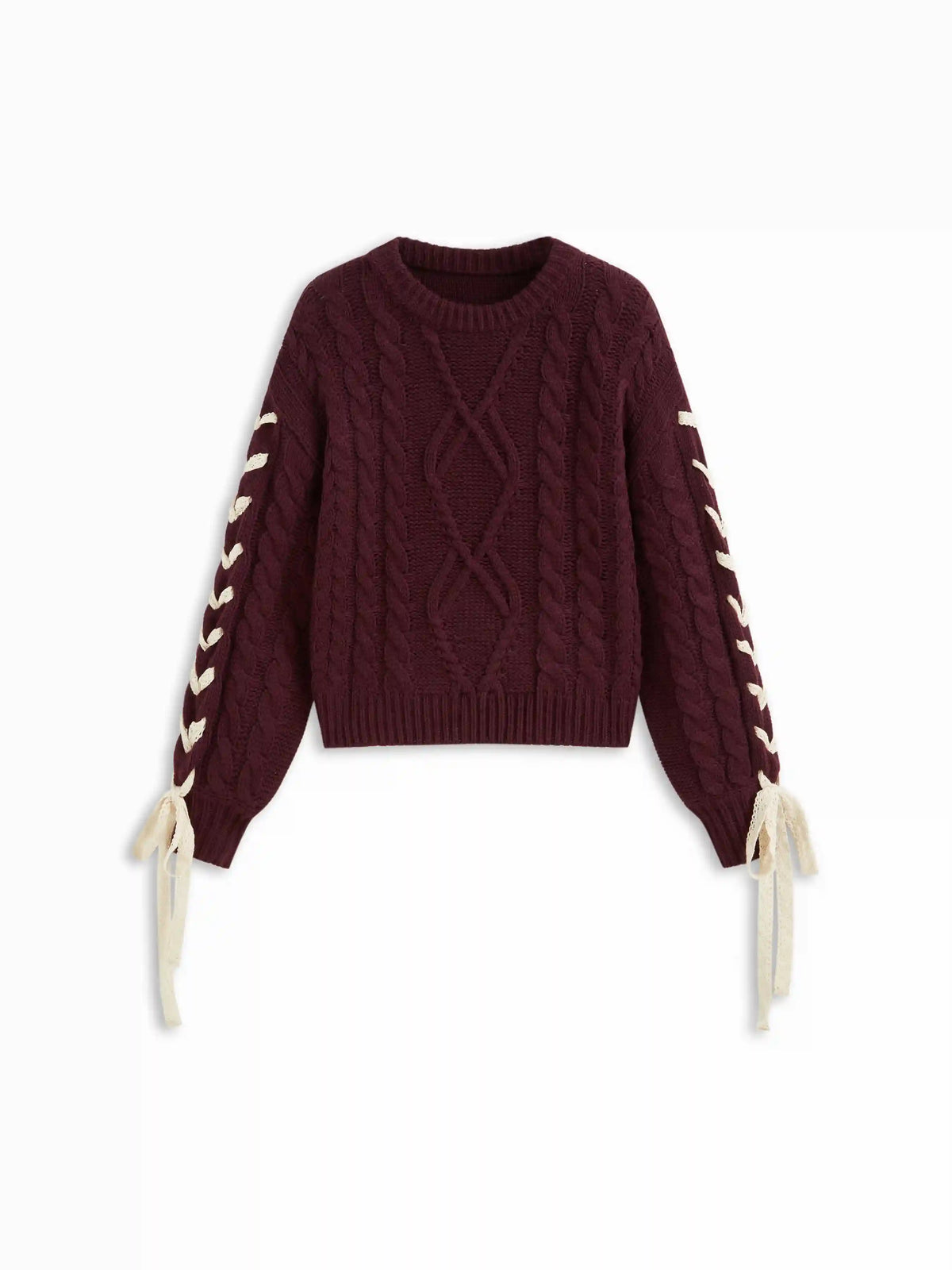 Cable Knit Round Neckline Lace Up Knotted Oversized Sweater