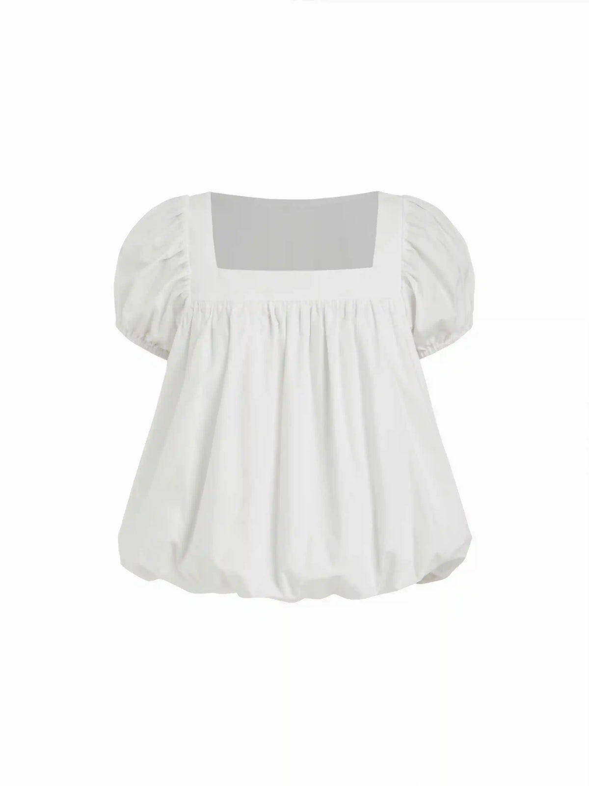 Cotton-blend Square Neck Puff Sleeve Ruched Bubble Hem Blouse