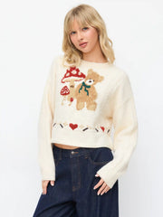 Jacquard Mushroom & Bear Graphic Round Neckline Oversized Top