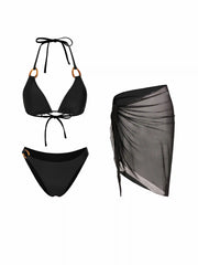 Halter Neckline Solid Ring Linked Triangle Bikinis 3 Piece Bikini Sets