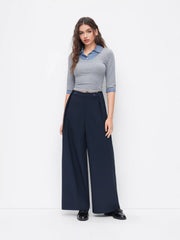 Mid Rise Solid Button Elastic Waist Wide Leg Trousers