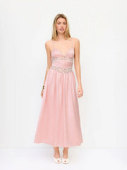 Satin V-neck Lace Panel Mid Rise Maxi Slip Dress