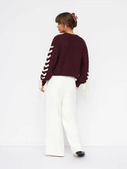 Cable Knit Round Neckline Lace Up Knotted Oversized Sweater