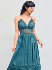 Solid Lace Trim Tiered Maxi Dress