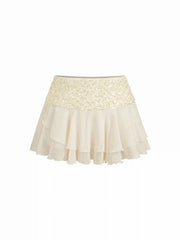 Satin Low Rise Sequin Textured Layered Ruffle Mini Skirt