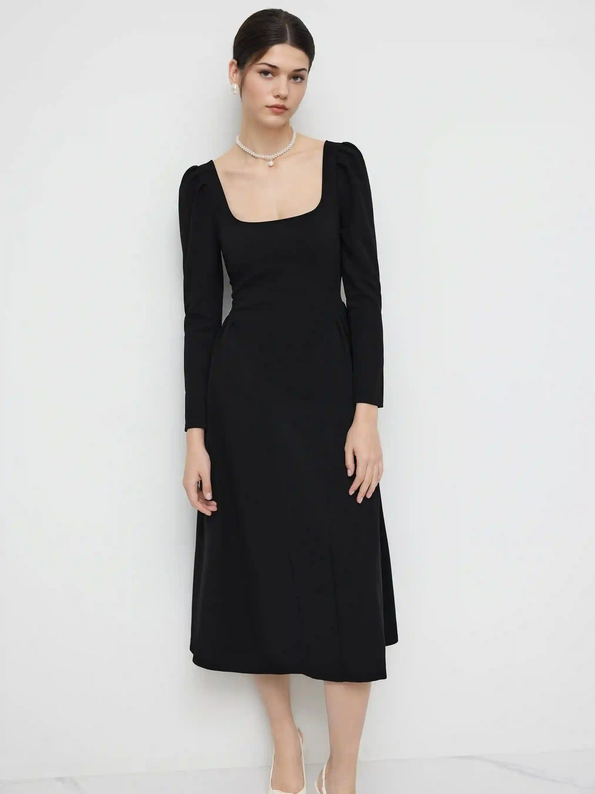 Square Neck Solid Ruffle Zipper Long Sleeve Midi Dress