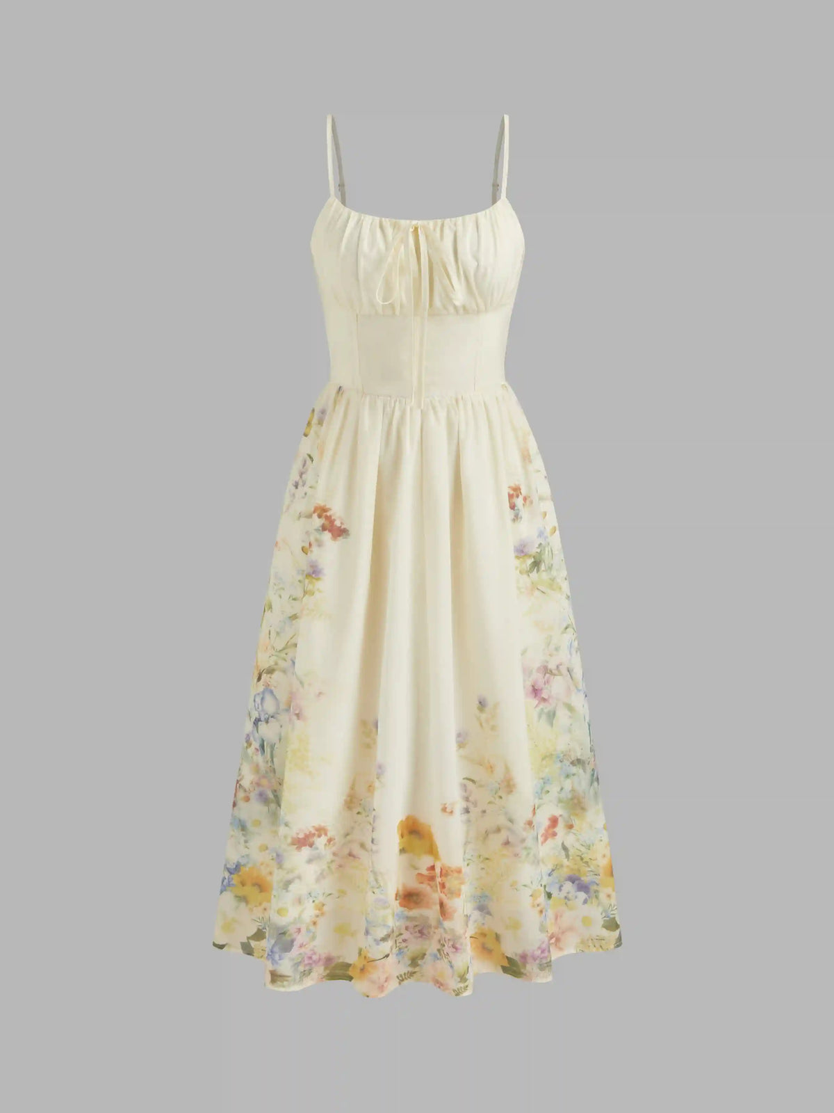 Square Neck Floral Shirred Midi Dress