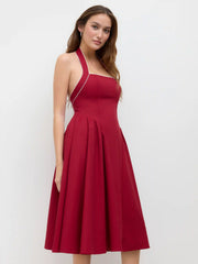 Linen-blend Halter Neckline Knotted Ruffle Midi Dress