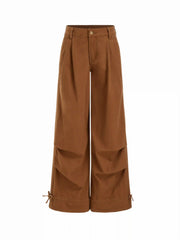 Washed Denim Low Rise Drawstring Wide Leg Trousers