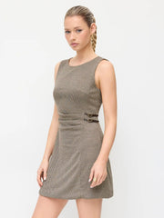 Boat Neck Houndstooth Ruched Mini Tank Dress With Side Buckle