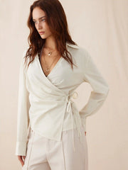 Linen-blend Stripes Asymmetrical Wrap Ruched Knotted Shirt
