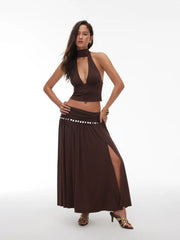 Mid Rise Wrap Metal Detail Split Flared Maxi Skirt