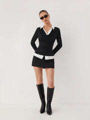 Cowl Neck Two Tone Ruched Long Sleeve Layered Top