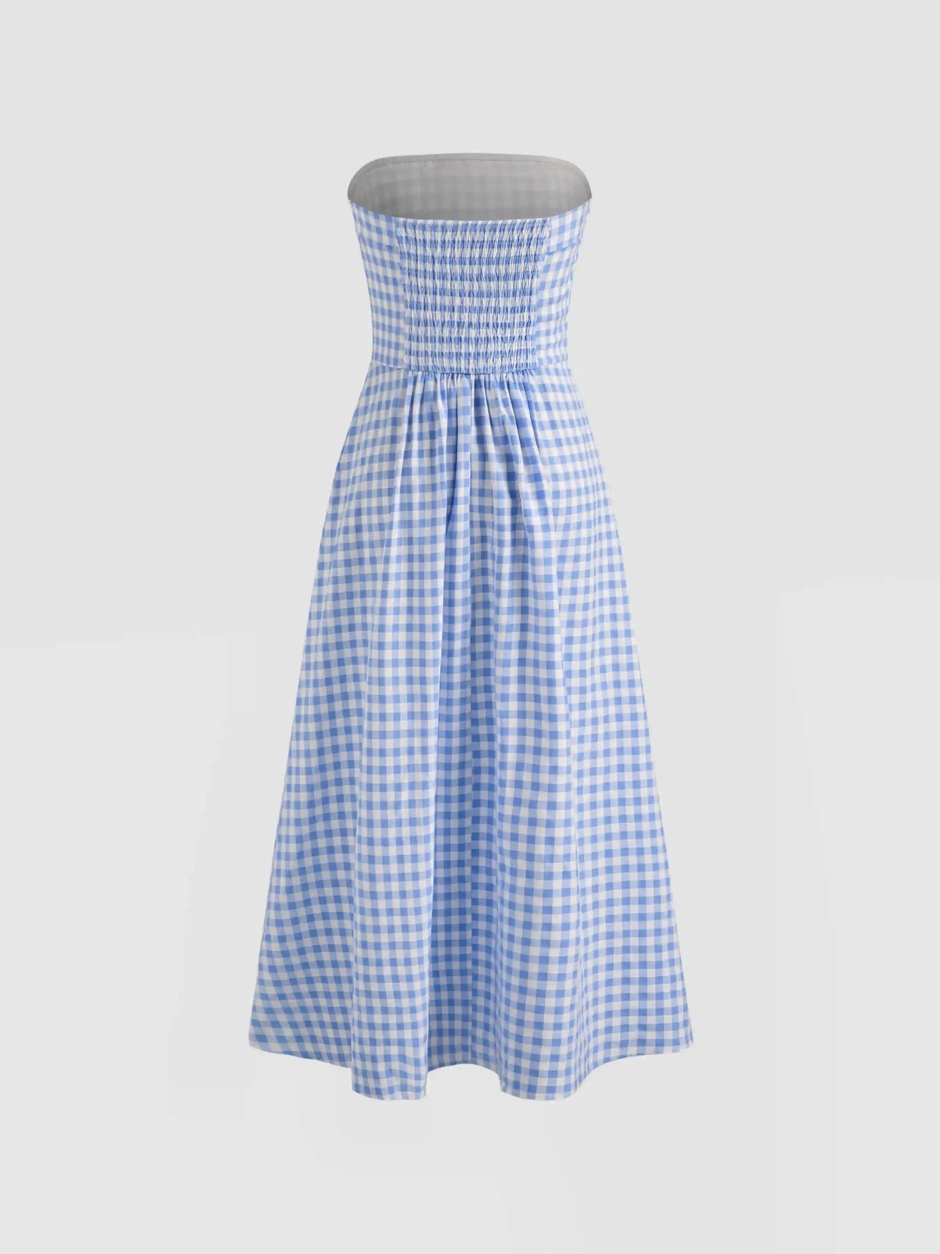 Tube Gingham Ruffle Shirred Zipper Midi Dress