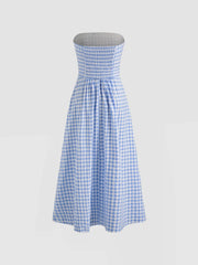 Tube Gingham Ruffle Shirred Zipper Midi Dress